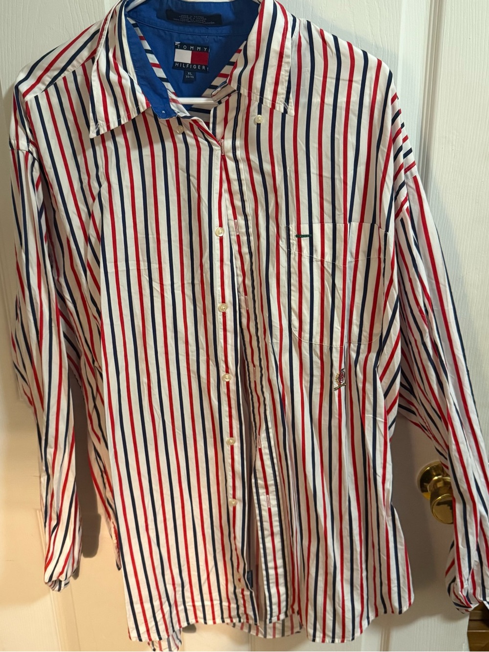 Tommy Hilfiger Men’s White Button-Down Shirt with Red & Navy Stripes